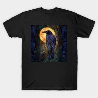 Beautiful Raven in a Forest with Full Moon - stained glass effect T-Shirt